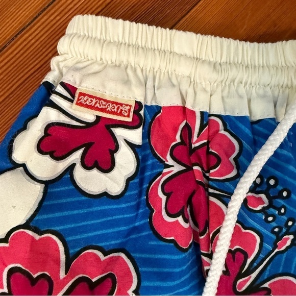 Hawaiian Print Surf Shorts Electric Blue Pink - Picture 3 of 7